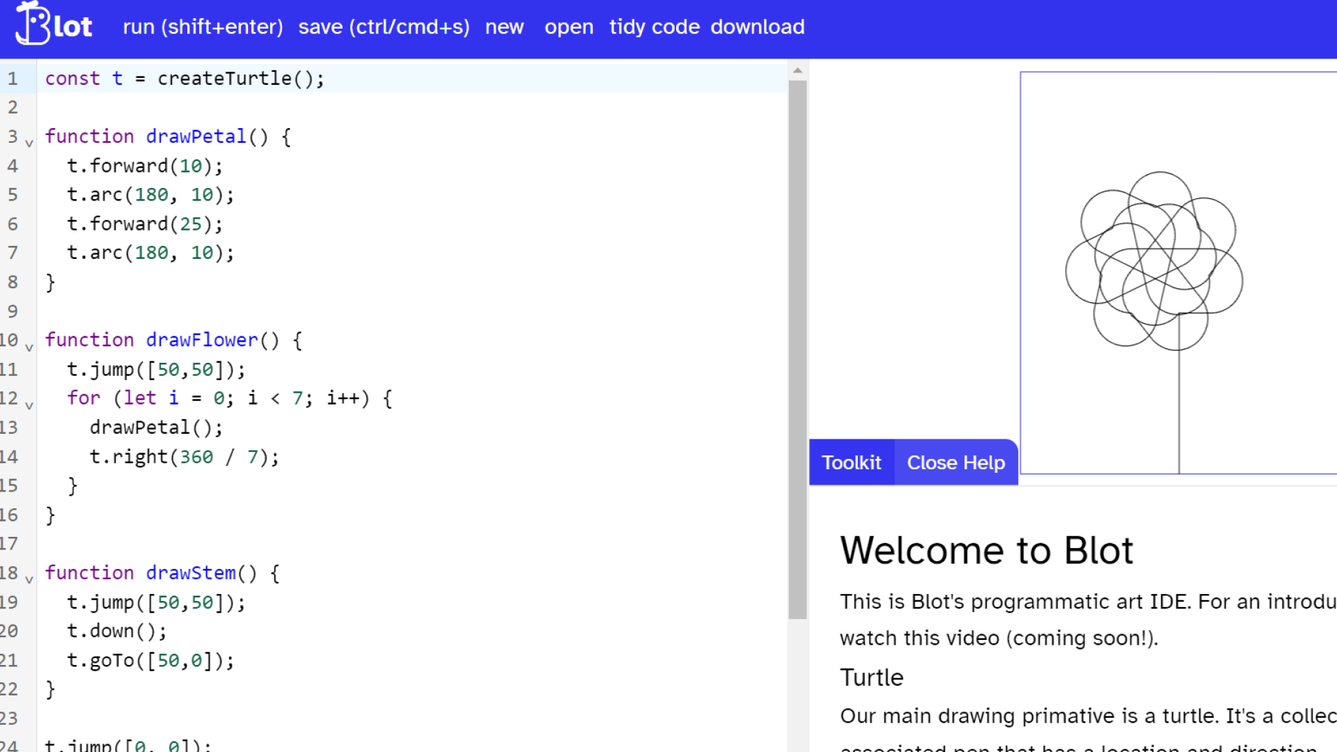 screenshot of initial code and rendition of javascript flower in the blot editor.